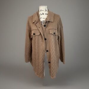 Oversized‎ Knit Shacket Button Down Collared Top Pockets Tan Medium